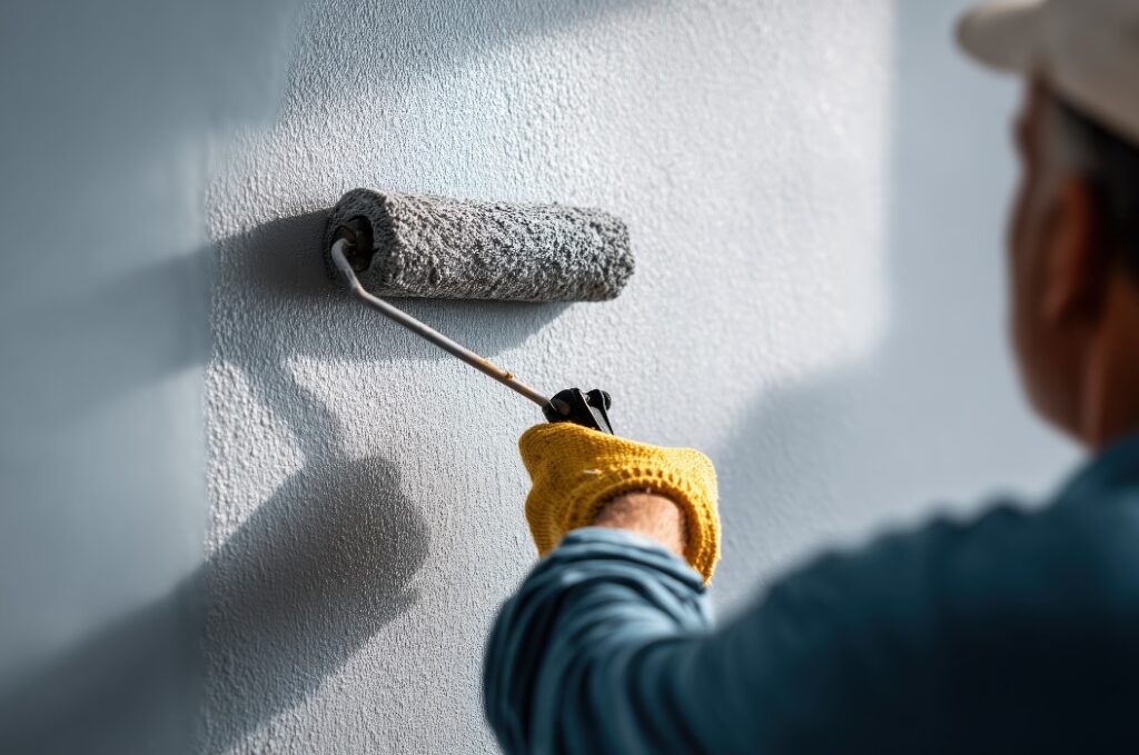 Maler, der mit einer Rolle weiße Farbe auf eine Wand aufträgt