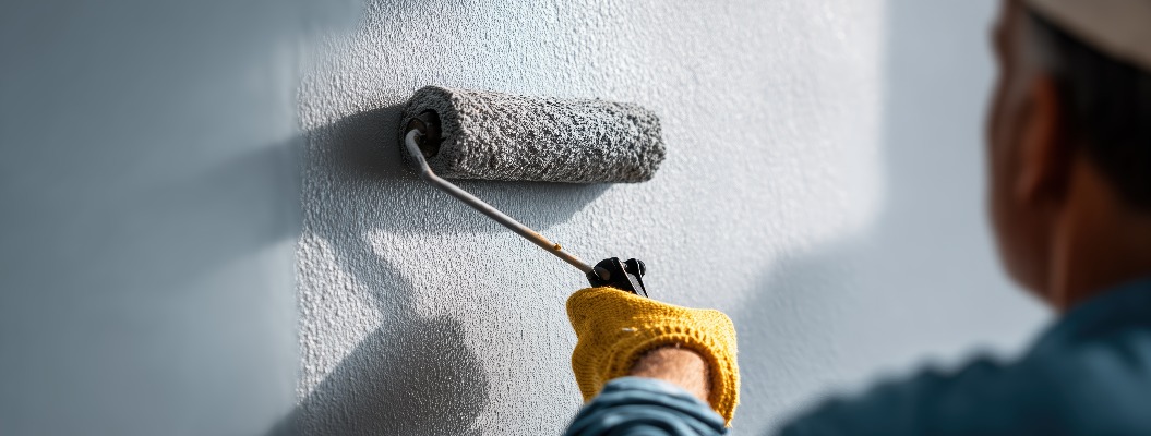 Maler, der mit einer Rolle weiße Farbe auf eine Wand aufträgt