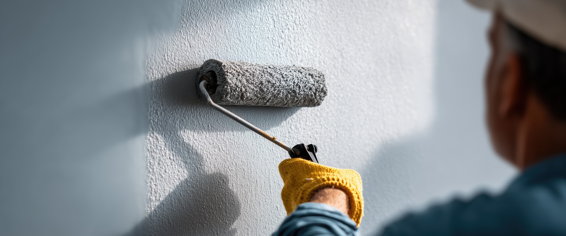 Ein Maler, der mit einer Rolle weiße Farbe auf eine Wand aufträgt
