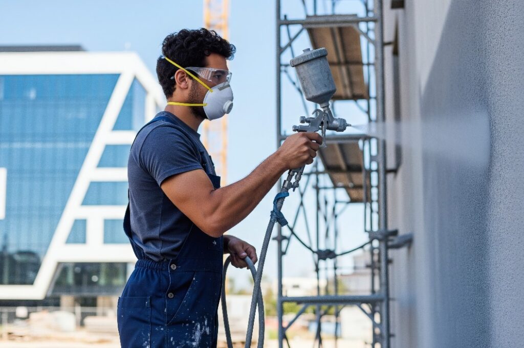 Maler, der auf einer Baustelle eine Spritzpistole benutzt